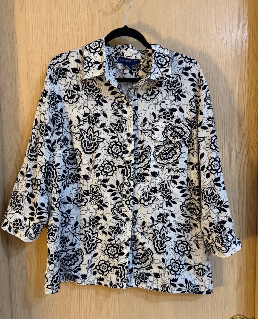 Karen Scott Black White Floral Cotton Button Front Shirt XL